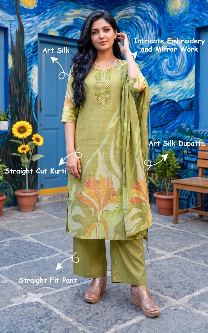 Pista Green Embroidery Straight Kurti set